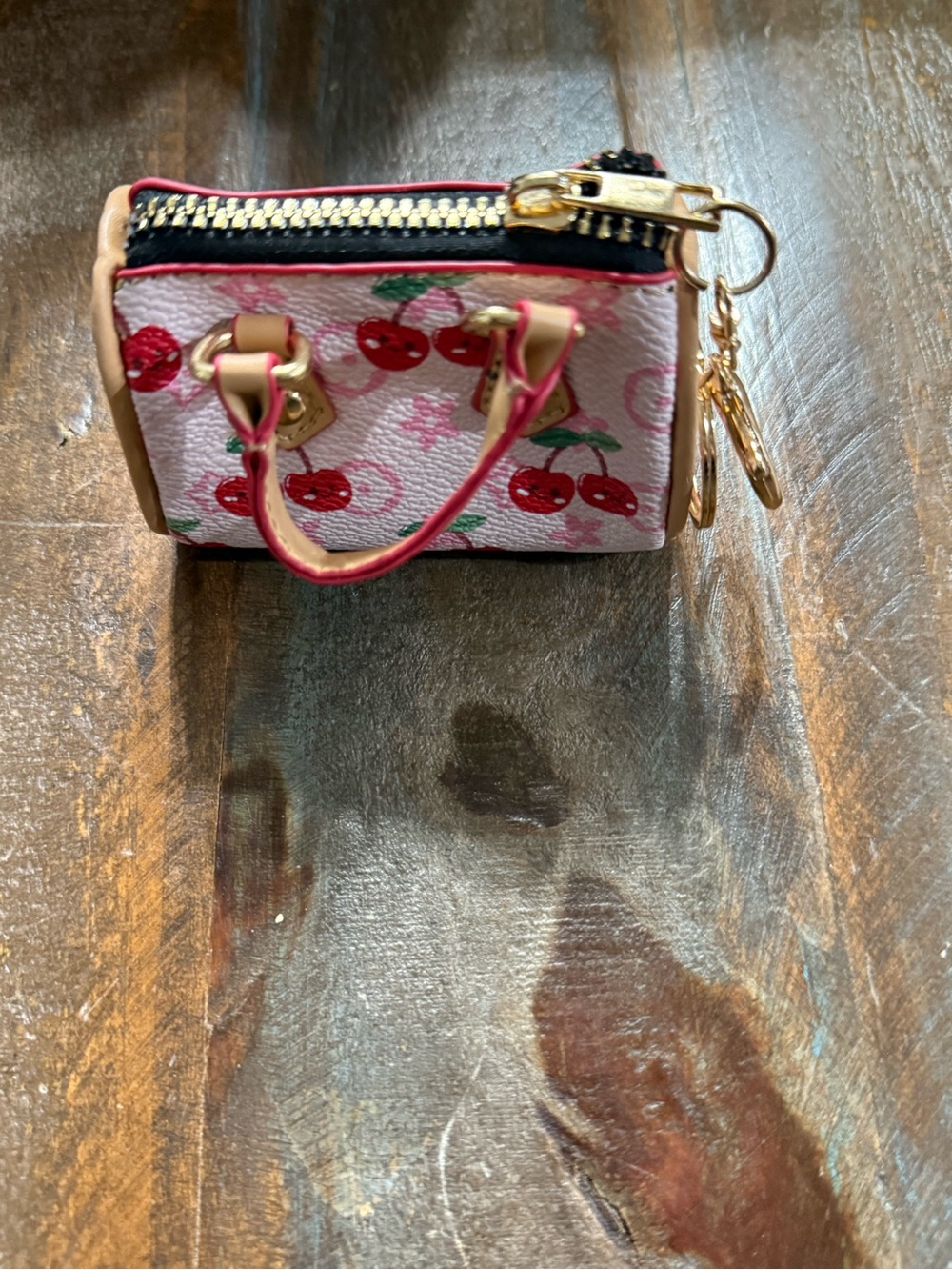 Cherry Print Mini Satchel Bag Charm Coin Pouch Crossbody Keychain Pink NWOT - Picture 5 of 5